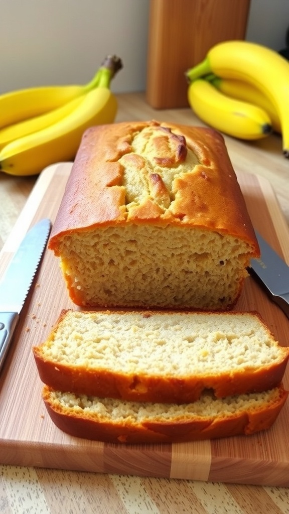 A sliced loaf of banana bread on a cutting board with ripe bananas in the background.